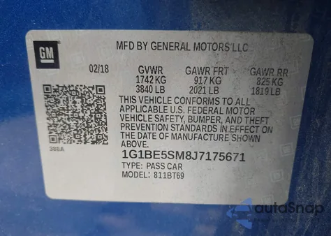 2018 Chevrolet Cruze Lt Auto from USA, damaged, VIN 1G1BE5SM8J7175671